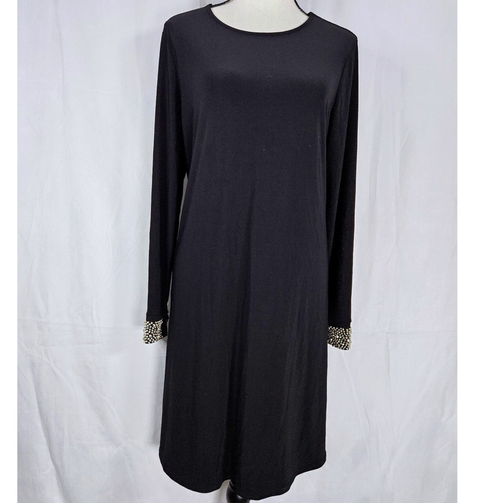 Tiana B Large Black Long Sleeve Shift Dress Embellished Rhinestone Cuffs